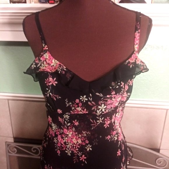 Floral T-Strap Cocktail Dress with Ruffles, Lined Dress, Date Night Dress - Picture 12 of 12